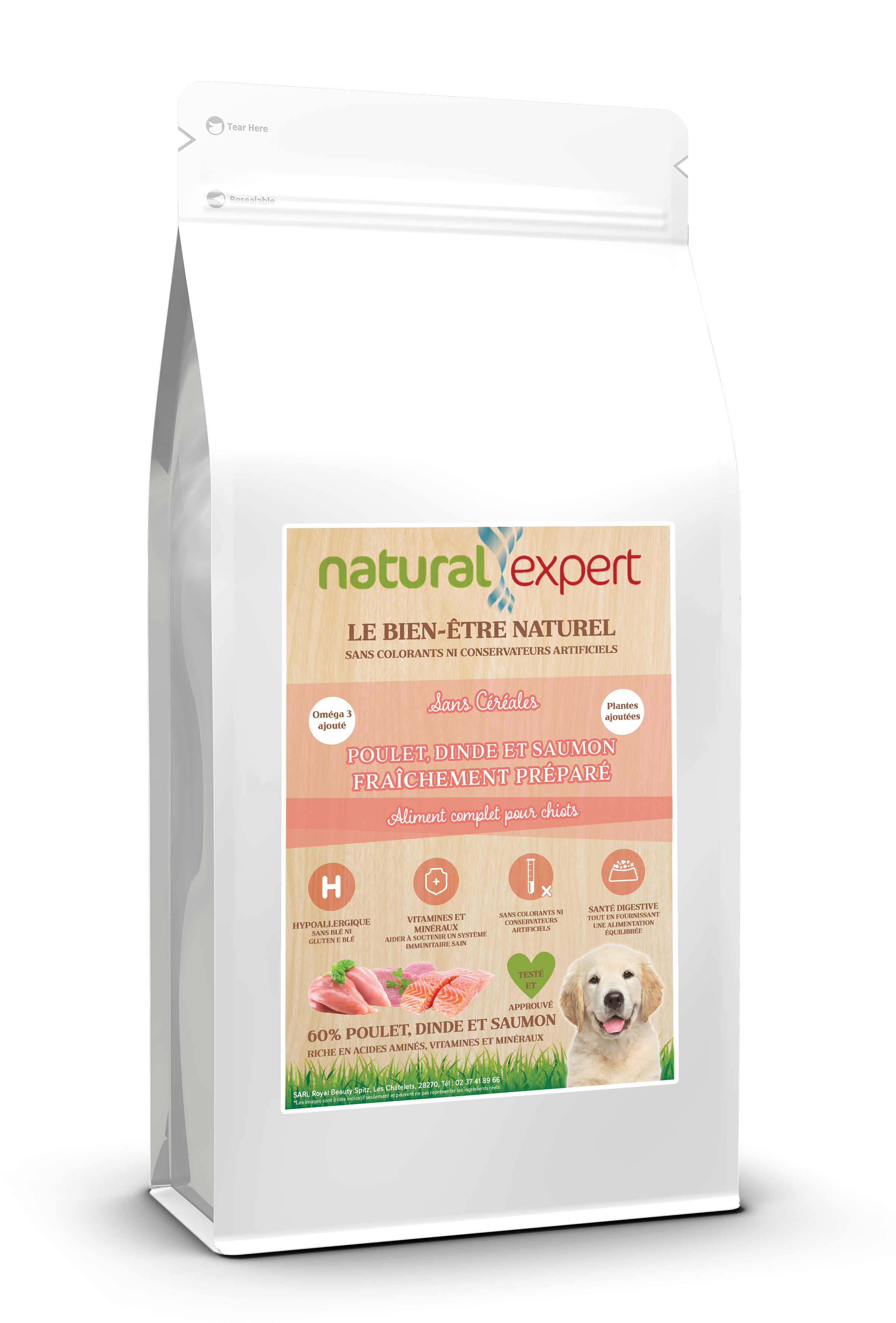 Croquettes NATURELLES spéciales Chiots 60% Poulet, Dinde et Saumon  6 kg