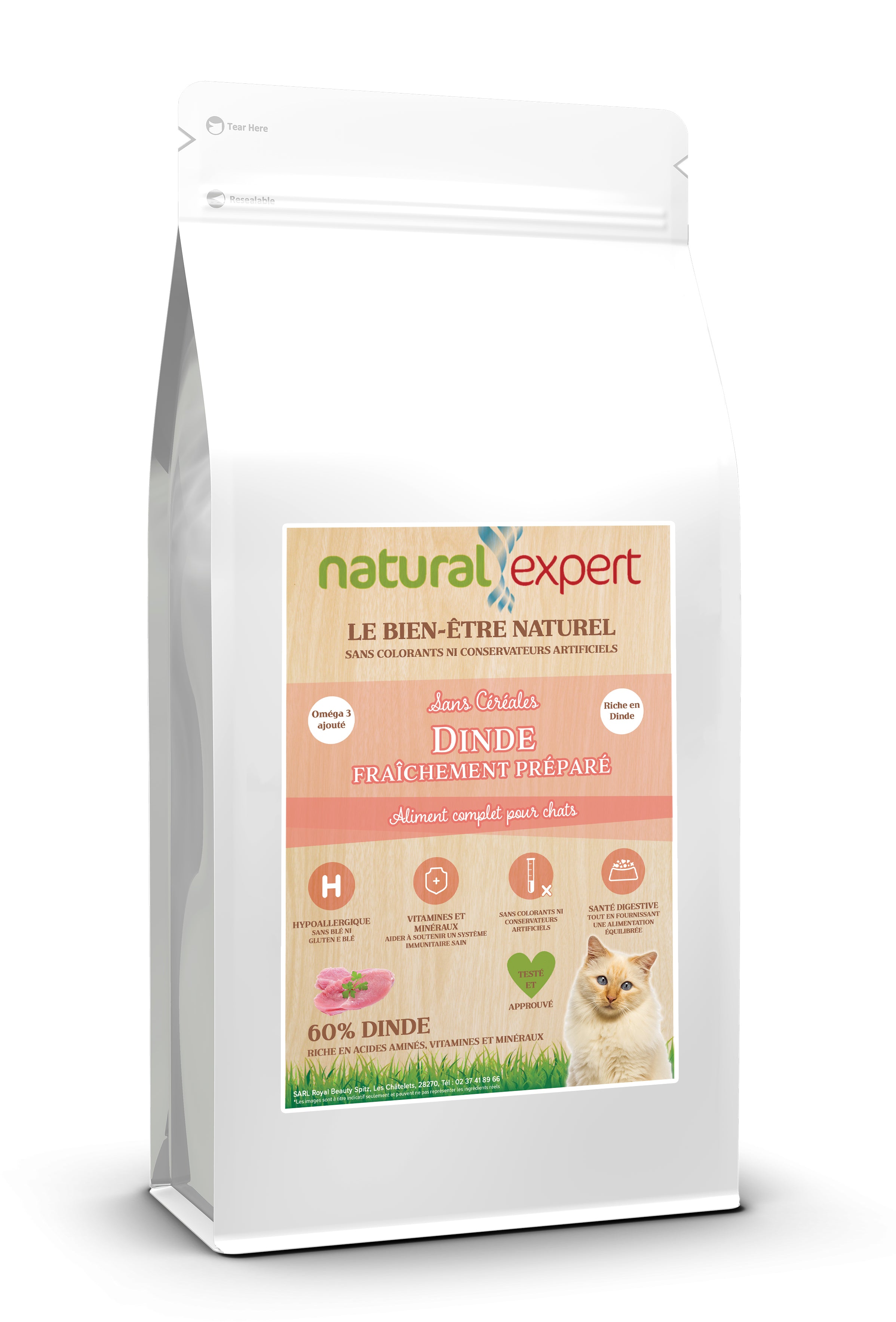 Croquettes NATURELLES Chat 60% DINDE 2 kg