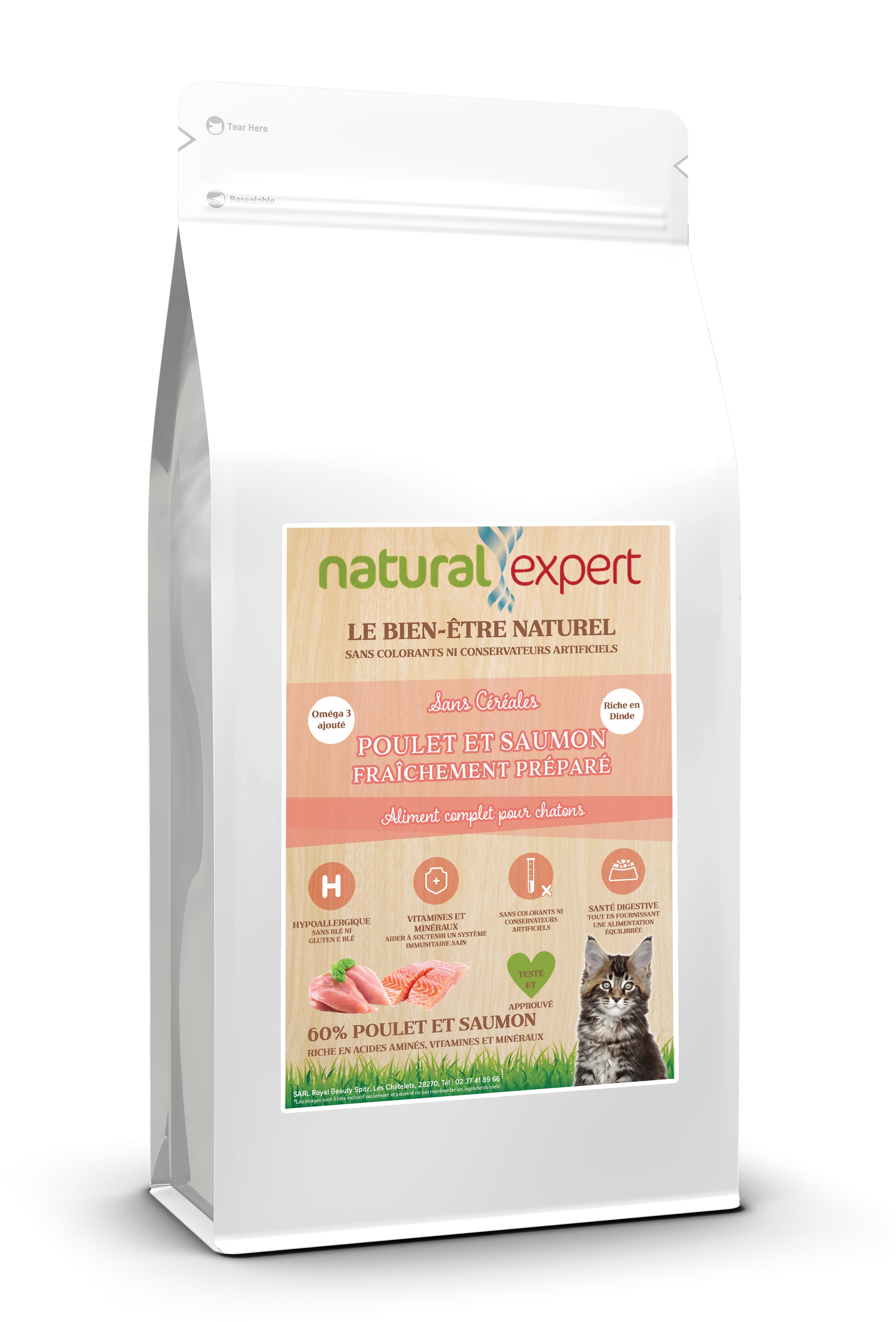 Croquettes NATURELLES Spéciales Chatons 75% Poulet, et Saumon 2kg