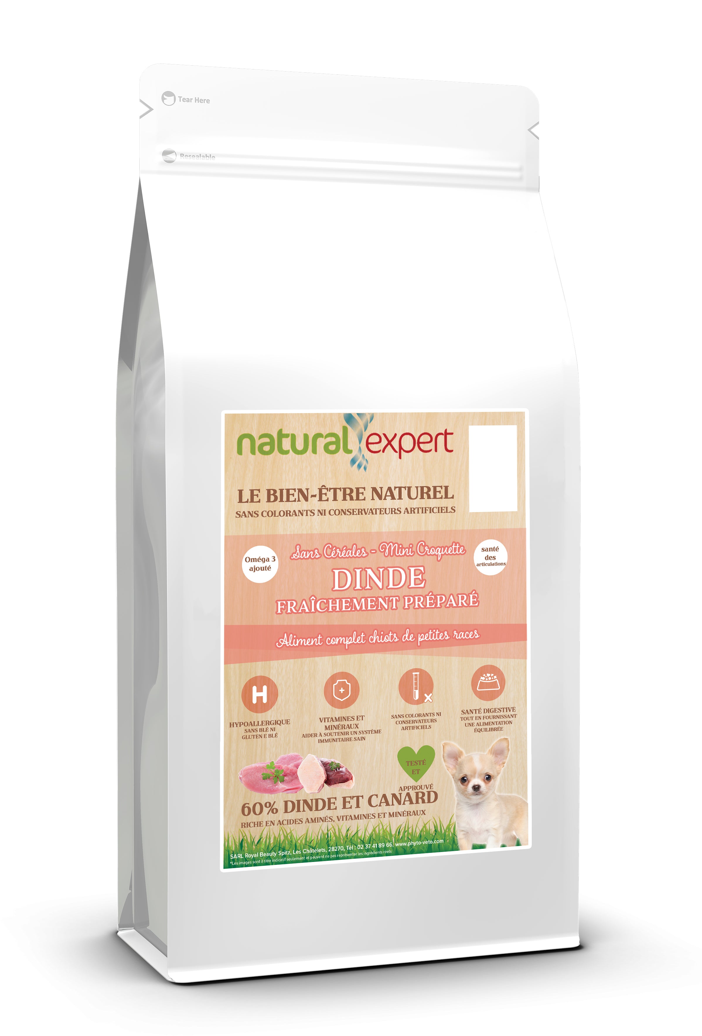 Croquettes NATURELLES Chiot Mini Race 60% Dinde & Canard