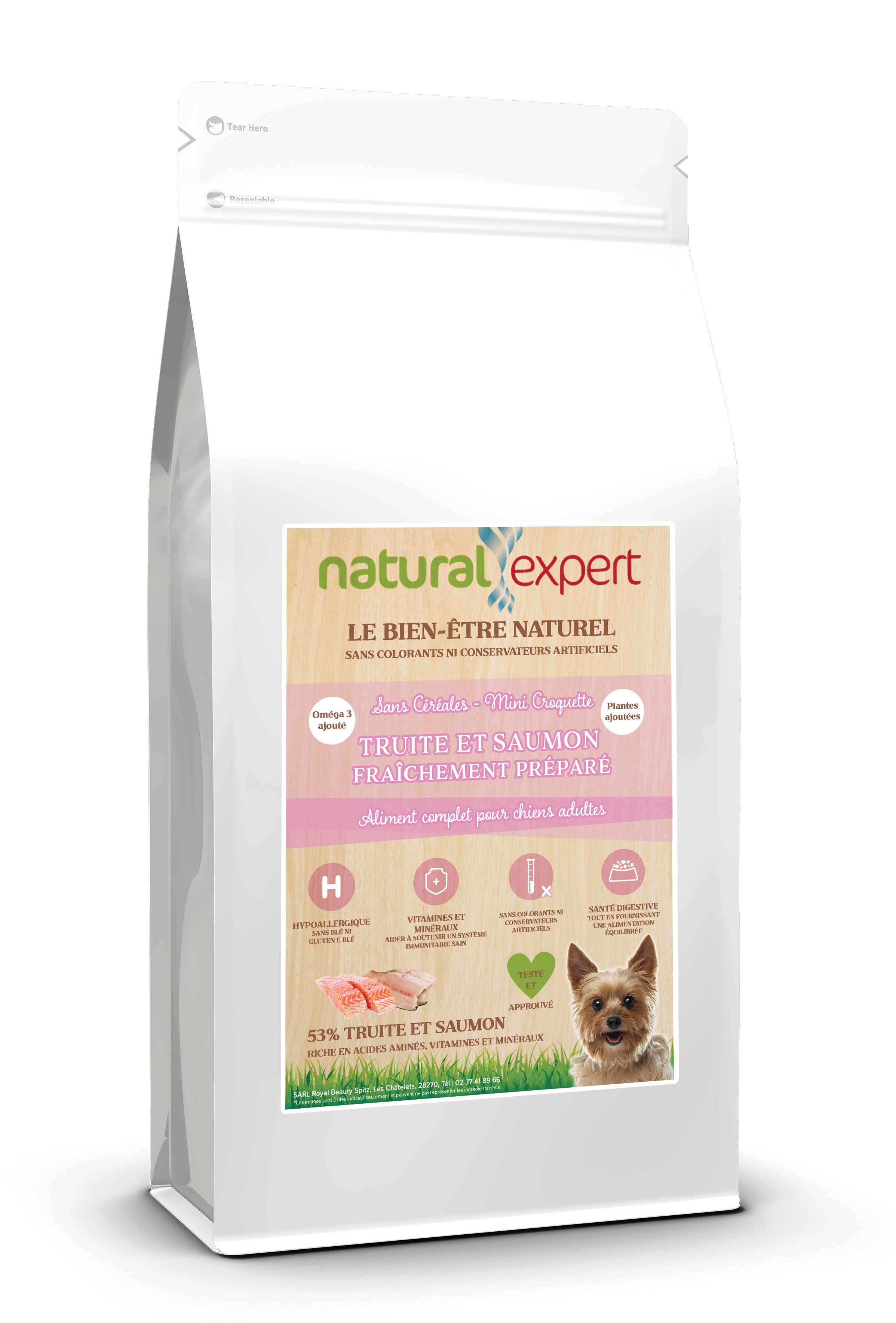 Croquettes NATURELLES Spécial Petite Race chiens Truite & Saumon 53% 2 et 6kg