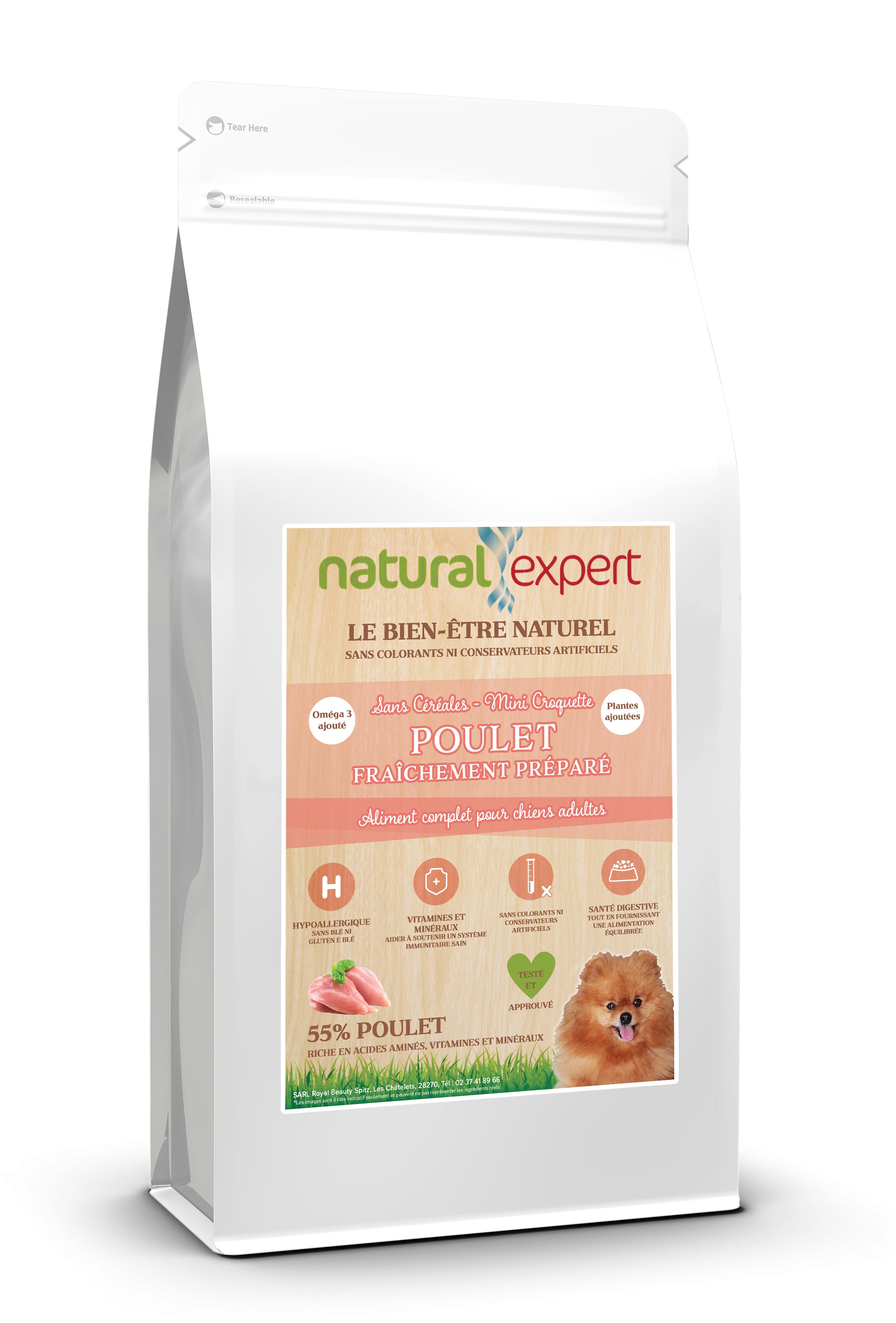 Croquettes NATURELLES Spécial Petite Race chiens 55% Poulet 2 et 6kg