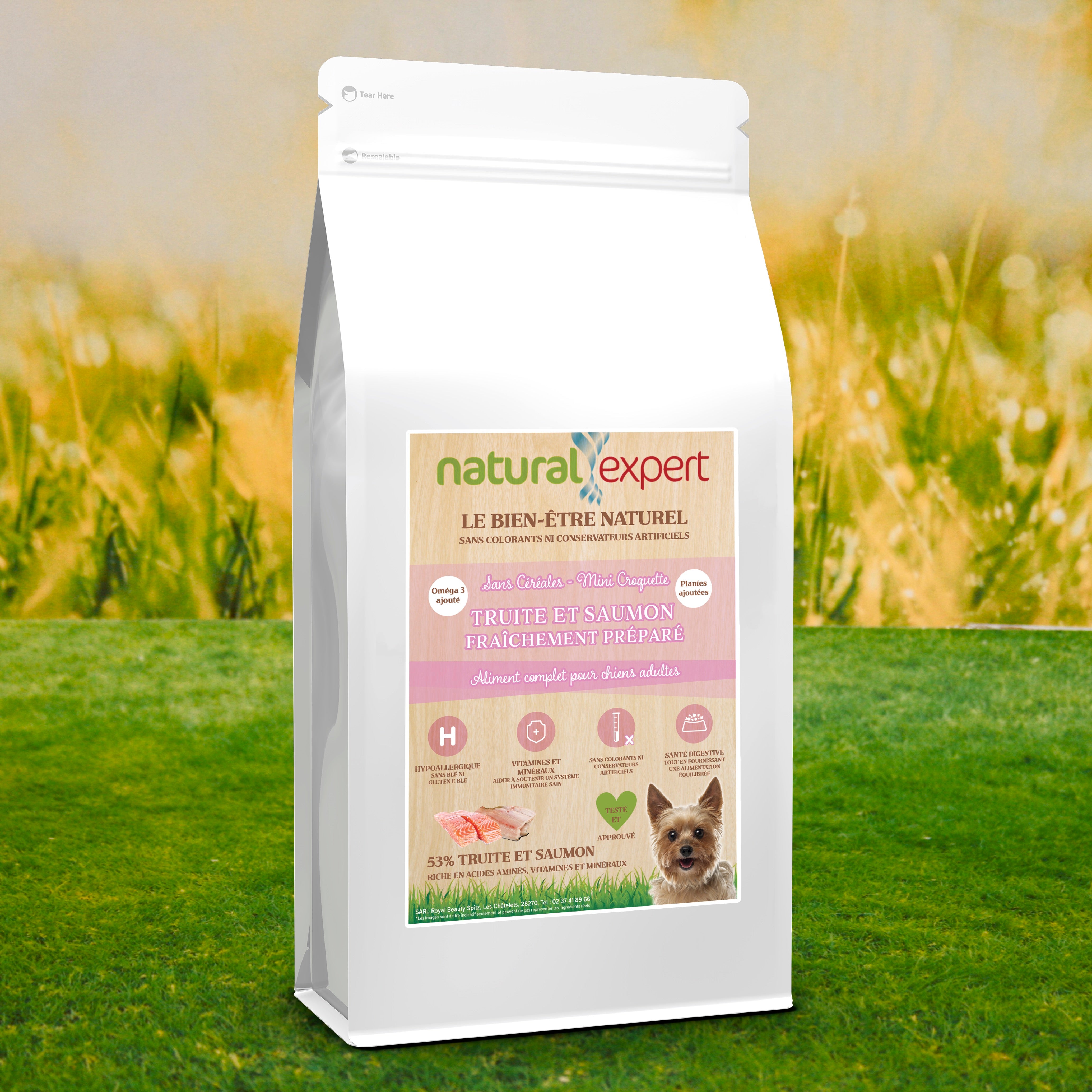 Croquettes NATURELLES Spécial Petite Race chiens Truite & Saumon 53% 2 et 6kg - 0